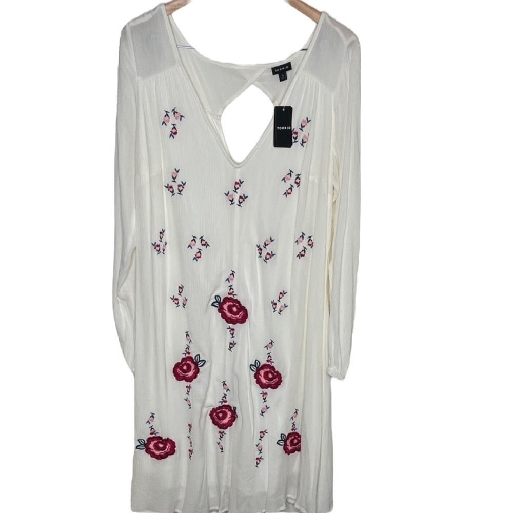 New Torrid Ivory Embroidered Floral Gauze Long Sleeve Dress Women Size 0 / L